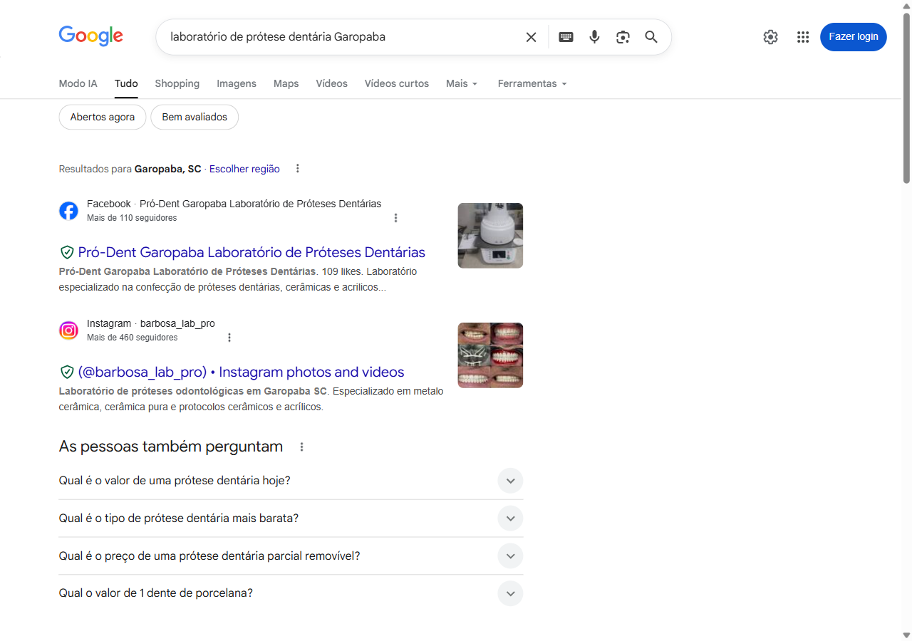 resultado da busca no Google para laboratório de prótese dentária Garopaba mostrando zero resultados locais