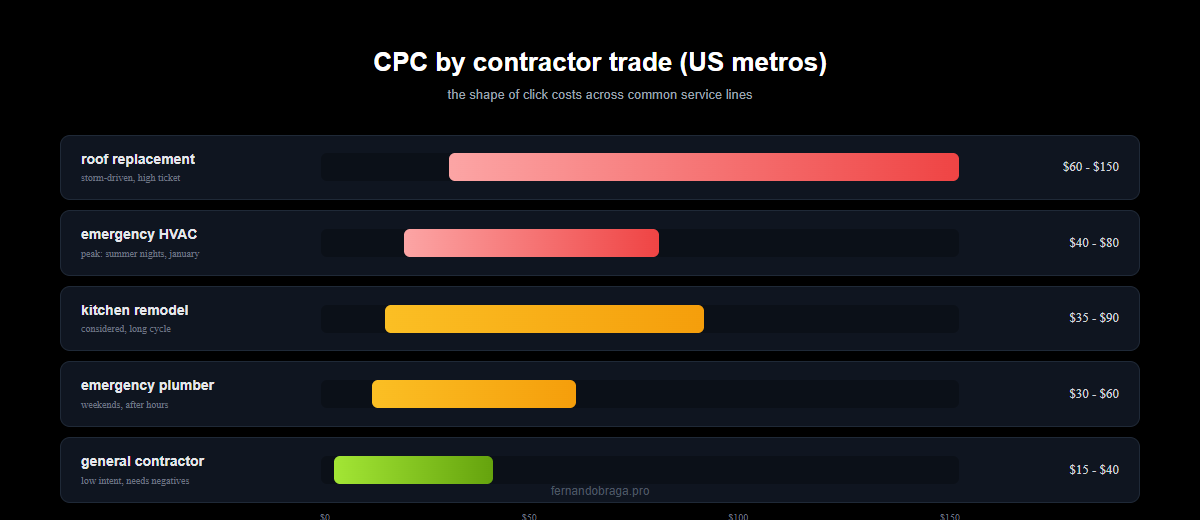 cpc ranges for contractor trades roofing 60 to 150 emergency hvac 40 to 80 kitchen remodel 35 to 90 emergency plumber 30 to 60 general contractor 15 to 40