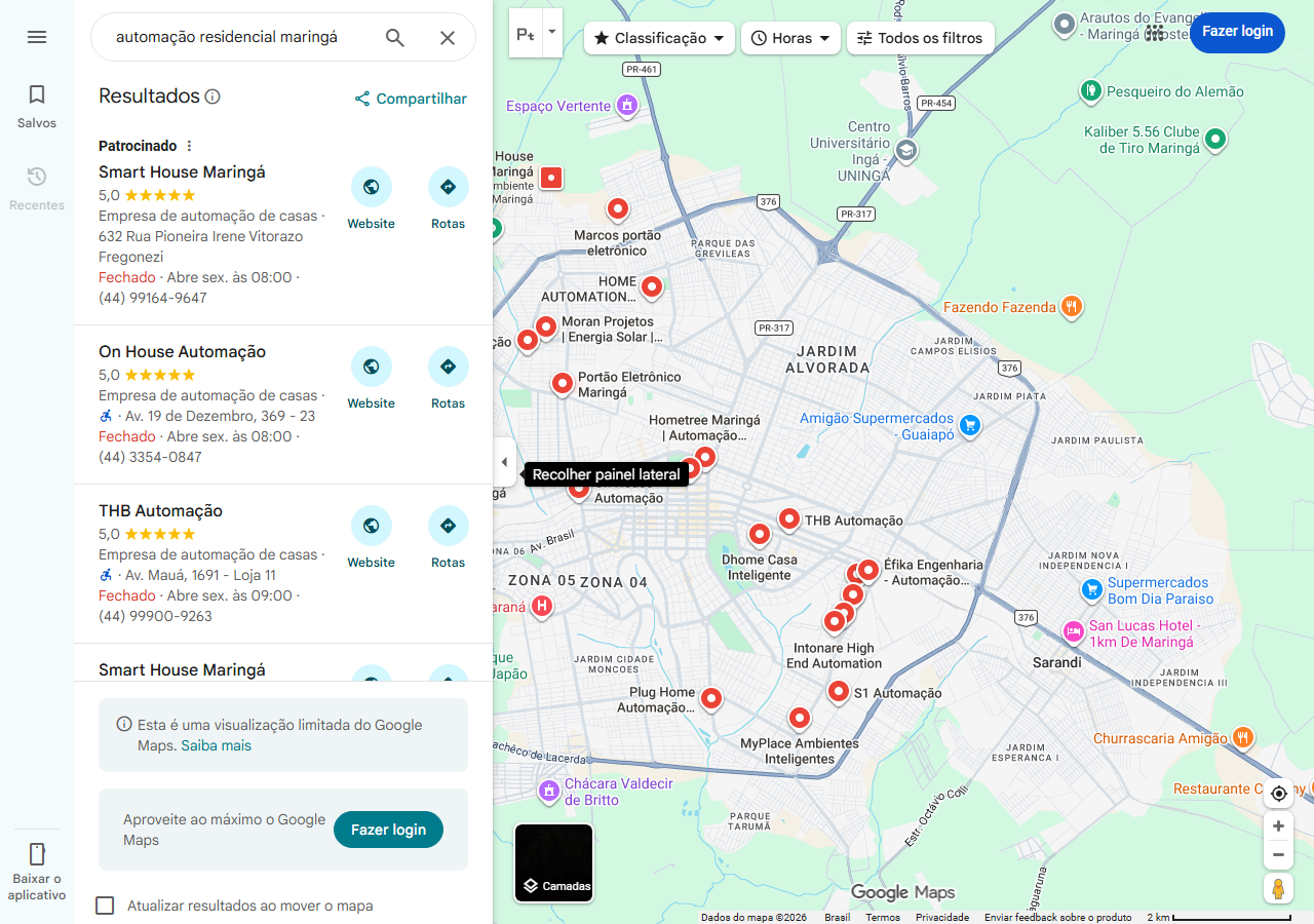 resultado do Google Maps para automação residencial Maringá, mostrando concorrentes como Smart House, On House e THB Automação