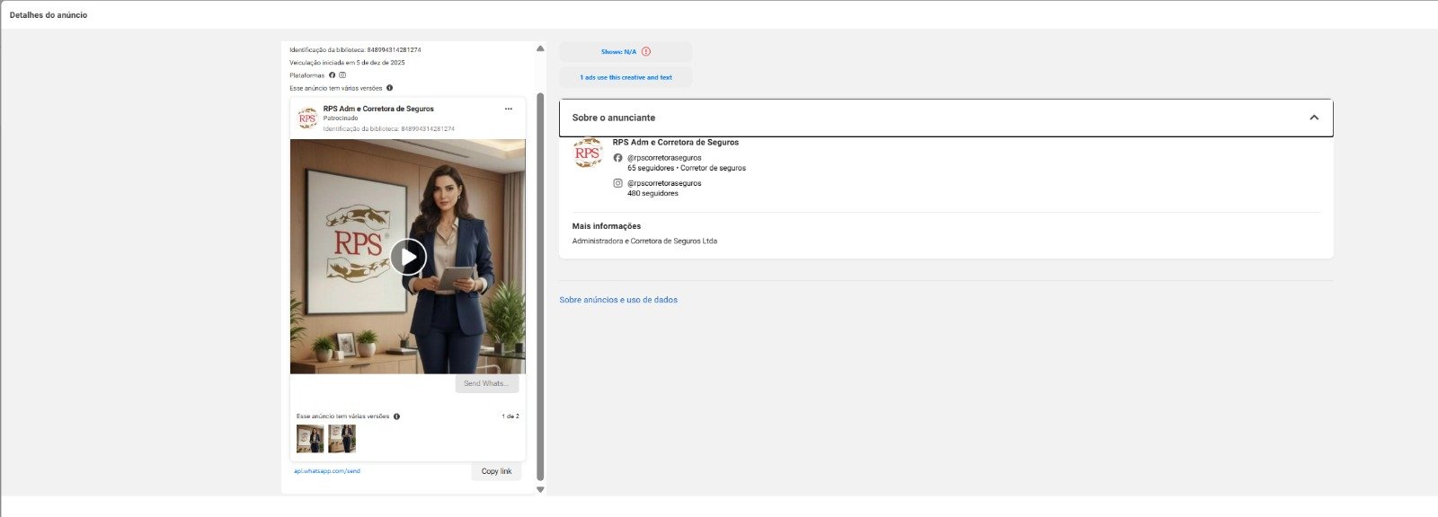 anúncio da RPS Seguros no Meta Ads