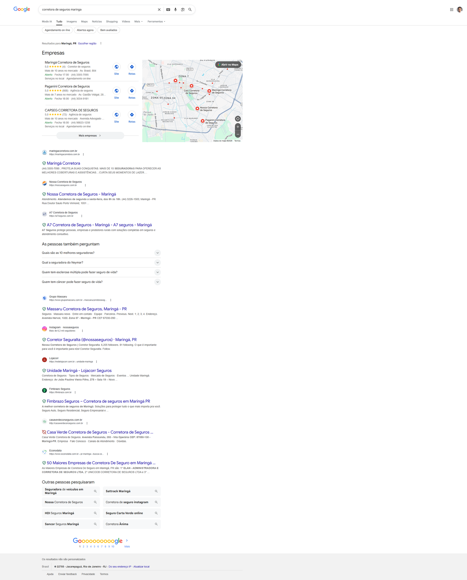 resultado do Google para corretora de seguros Maringá