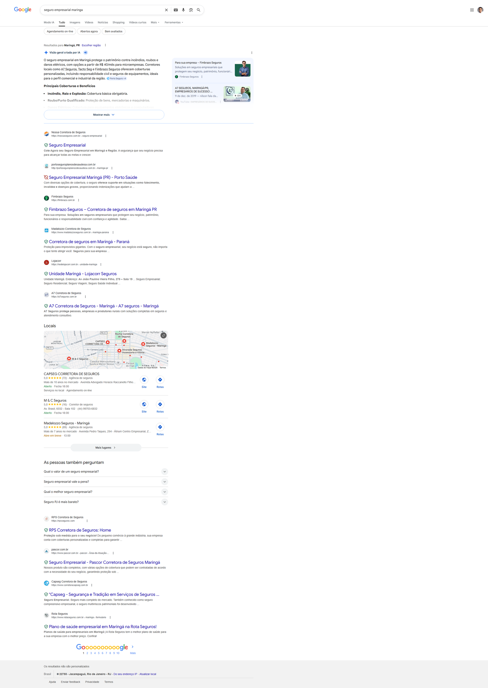 resultado do Google para seguro empresarial Maringá