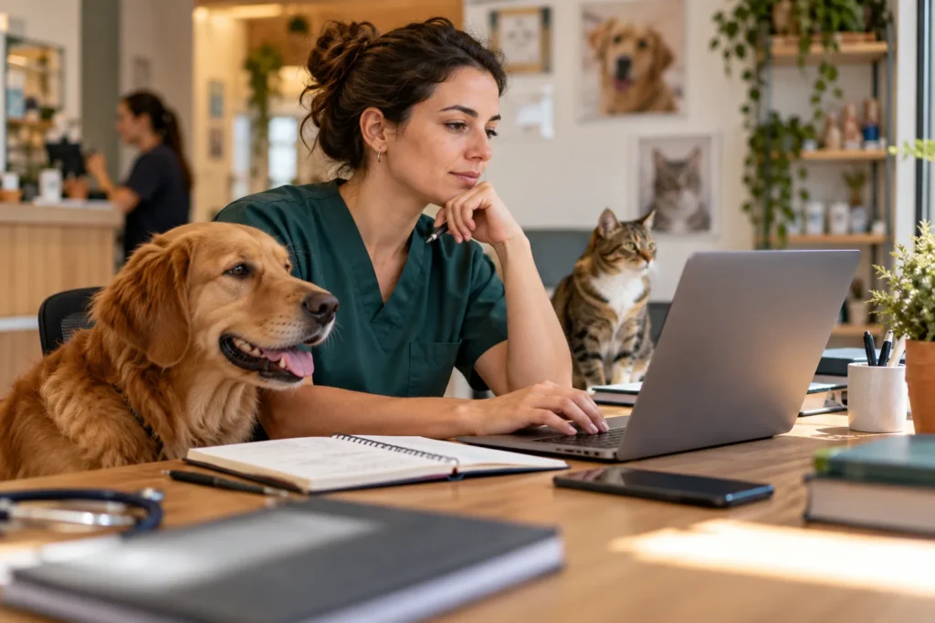imagem ilustrativa: veterinária trabalhando ao lado de um cachorro e um gato.