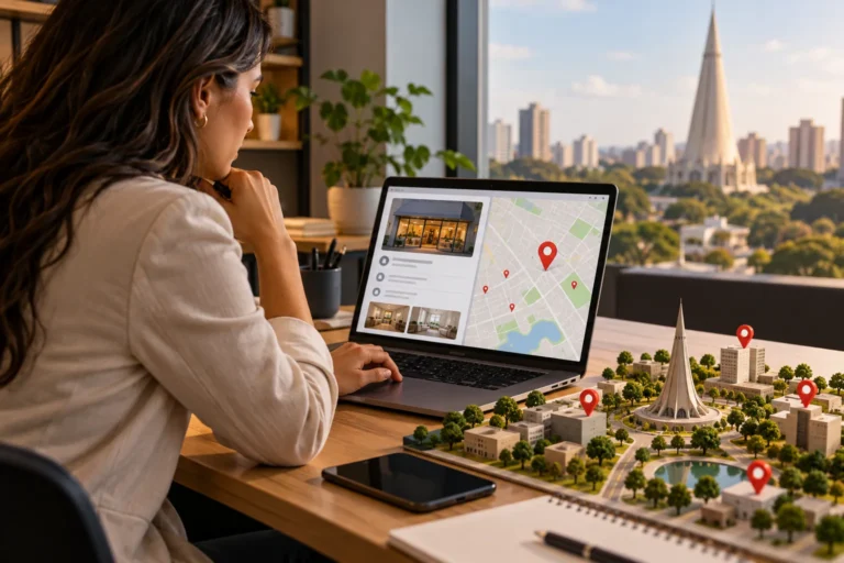 imagem ilustrativa: maquete de cidade conectada a um perfil de localização digital.