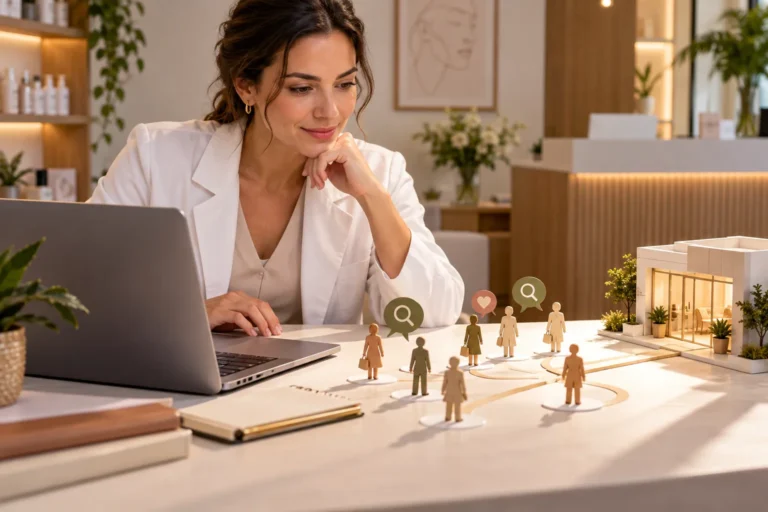 imagem ilustrativa: maquete de clínica de estética conectada a caminhos de busca e atendimento.