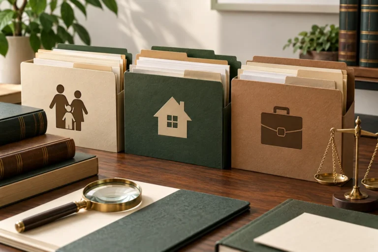 imagem ilustrativa: arquivo jurídico organizado por áreas, com livros, pastas e lupa.
