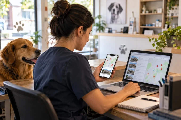 imagem ilustrativa: veterinária consultando mapa e informações de atendimento no celular.