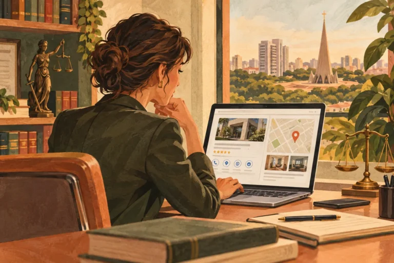 imagem ilustrativa: advogada consultando um perfil de localização no escritório.