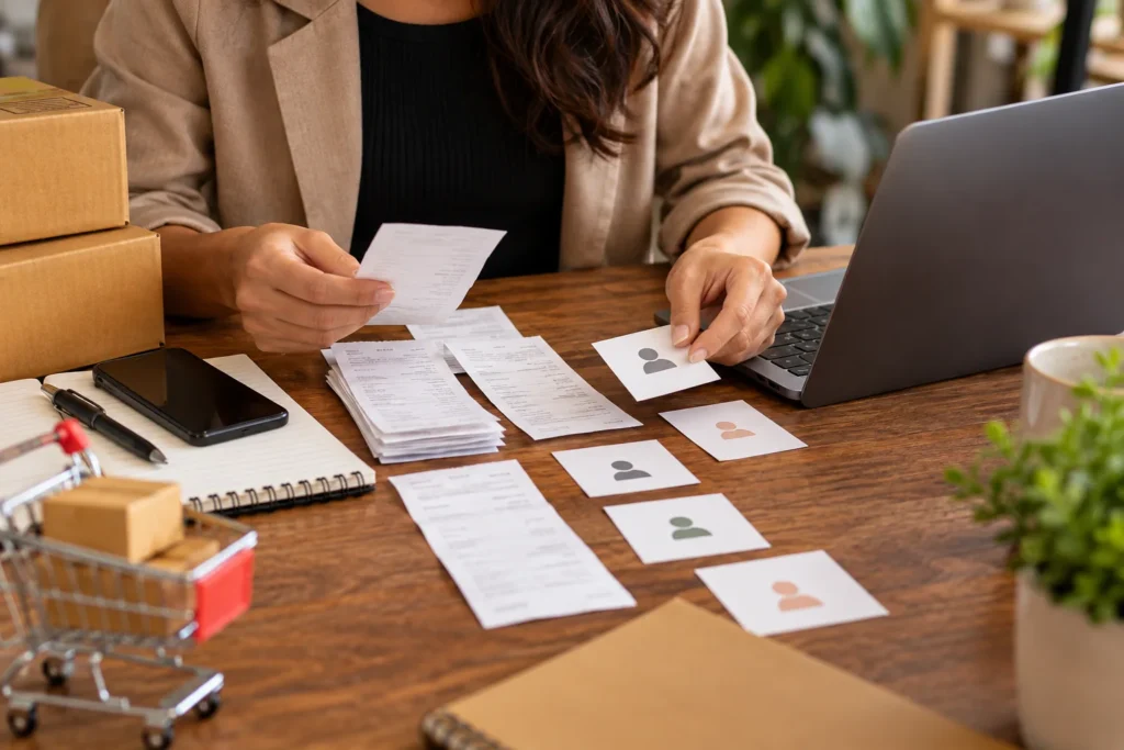 imagem ilustrativa: conferência de pedidos e fichas de contatos em uma mesa de trabalho.