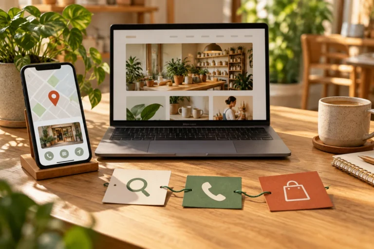 imagem ilustrativa: celular com mapa, site no computador e cartões ligando busca, contato e compra.